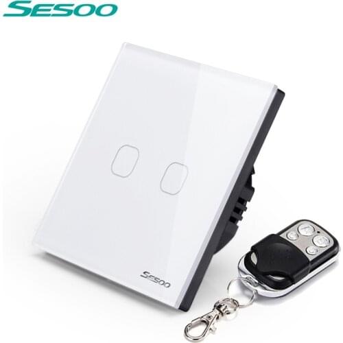 SESOO EU Standard Remote Control Switches, 2 Gang 1 Way,Crystal Glass Panel,RF433 50/60HZ,Wall Touch Switch+LED Indicator
