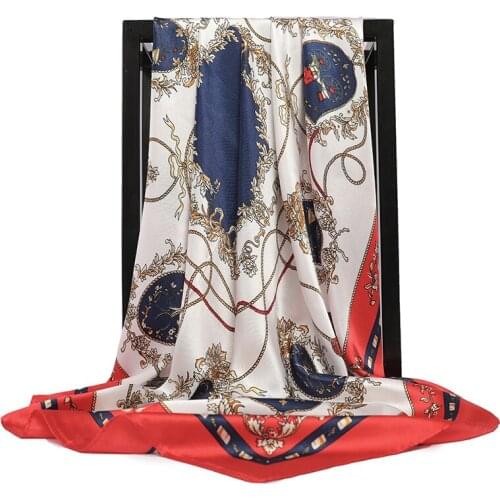 Luxury Brand Silk Scarf Women Chain Print Hair Neck Square Scarves Ladies Shawl Bandanna 90*90cm Muslim Hijab Muffler Chain