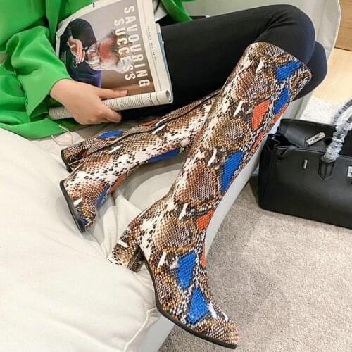 Sianie Tianie Sexy Snakeskin Print Pattern Riding Knee High Booties Zipper Womens Winter Autumn Shoes Woman Boots Big Size 46 48