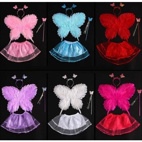 Girls Feather Butterfly Wings Halo Magic Wands Kids Childrens Halloween Gift Christmas Cosplay Props Party Decor 50*40cm