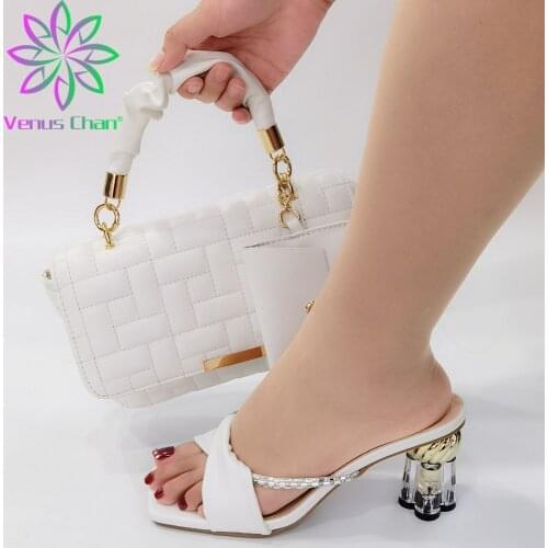 Mature Italian Women Slippers Wedding Party Shoes and Bag to Match with Shinning Crystal in White Color Nigerian Style Set
