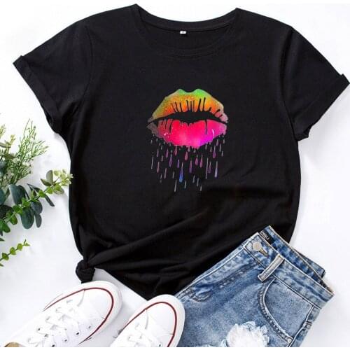Color Lip Print Pattern Tshirt Women Fashion Cotton Graphic T-Shirt Women O-neck Casual Tee Shirt Femme