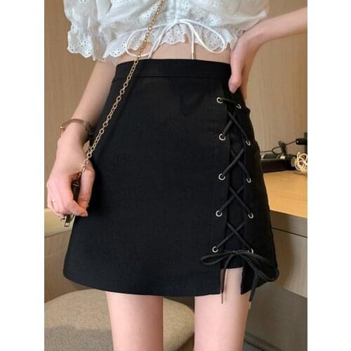 Black bag hip skirt female 2021 spring new cross strap irregular skirt high waist a-line skirt medieval skirt