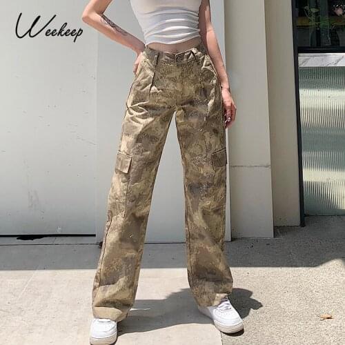 Weekeep Patchwork Pocket High Waist Camouflage Cargo Pants Streetwear Women Autumn Harajuku Baggy Hip Hop Straight Trousers 2020