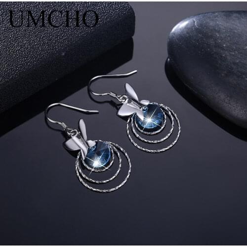 UMCHO Elegant Blue Butterfly 925 Sterling Silver Nano Crystal Women Drop Earrings for Anniversary Party Gifts Fine Jewelry