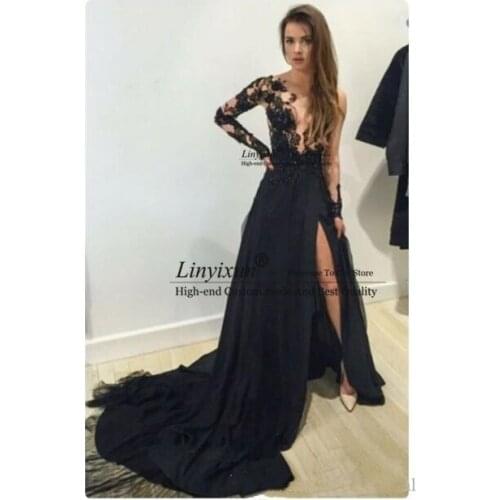 New Sexy black Long Sleeves Formal Evening Dress Slim Fit Side Split Prom Party Gowns Train Length Custom Made Elegant prom dres