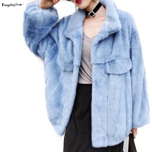Ftangaiur 2021 Winter Import Velvet Mink Fur Coat Turn-Down Collar Pure Color Slim Mink Coat Women X-Long Real Mink Fur Coats