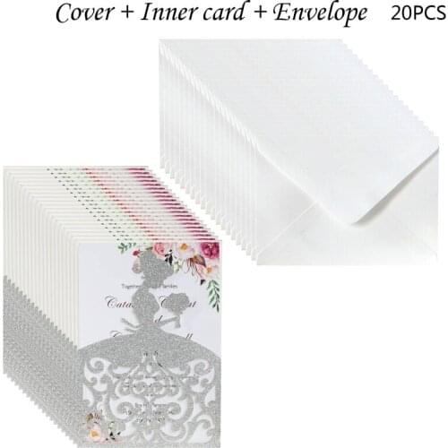 20pcs/set Wedding Invitations Cards Glitter Girl Greeting Card Invite Envelopes 67JB