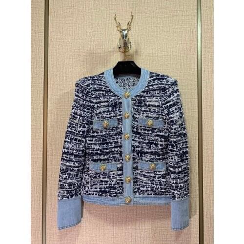 2021FW Autumn High Quality Women Patchwork Denim Tweed Jacket Female Casual Coat Overcoat Rmsx 8.04