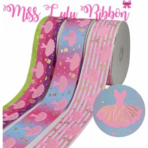 3"75mm Hologram Gold Foil Ballet Dress Ink Printing Pink Stripes Printed Grosgrain Ribbon DIY Wedding Party 50yards/roll