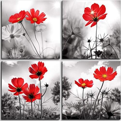 5D Diy Diamond Painting 4Piece Set Black and White Plant The Red Flower,Floral Abstract Paint By Numbers Still Life Wall Art