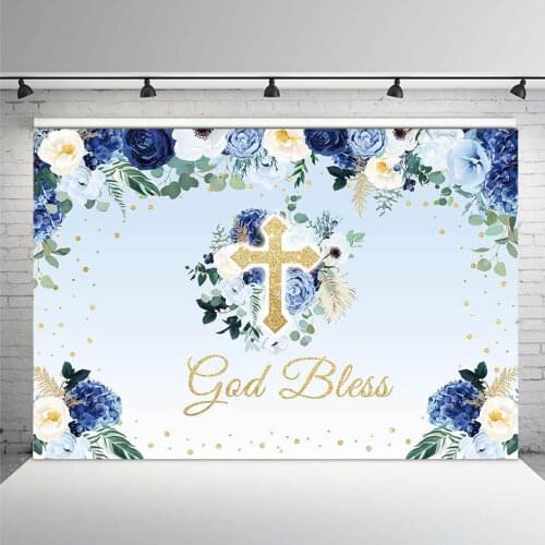 God Bless Backdrop Baptism Party First Holy Communion Christening Banner Decor Blue Flower Boy Baby Shower Background