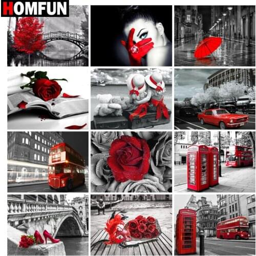 HOMFUN Full Diamond Embroidery "London street view red" Diamond Painting Cross Stitch Patterns Rhinestone Unfinished Home Decor