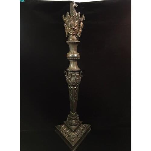 33"Chinese temple collection Old Bronze Cinnabar Lacquer Horse head Three-sided Mahakala head Dorje Vajra Phurpa Base set