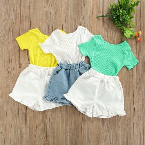 2 Pieces Kids Suit Set Girls Solid Color Round Neck Short Sleeve Ribbed Tops+ Ruffled Shorts for Summer 2-6 Years