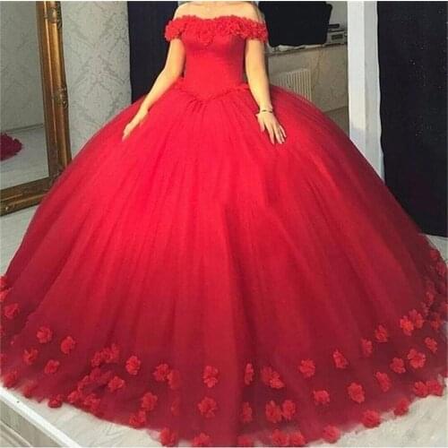 Red Ball Gown Quinceanera Dresses Long 2021 Puffy Soft Tulle Dress 15 Years With Flowers Formal Plus Size Vestido de 15 anos