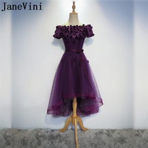 JaneVini 2018 Grape Purple High Low Bridesmaid Dresses Beaded Flowers Lace Short Front Long Back Boat Neck Wedding Party Dresses