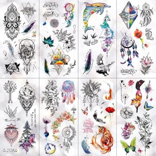 Dream Catcher Rose Dolphin Fox Waterproof Temporary Tattoo Sticker Line Flower Flash Tattoos Body Art Fake Arm tatoo Women
