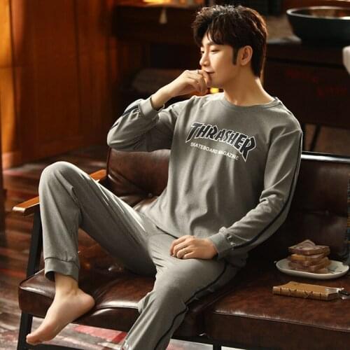 Mens Cotton Pajama Autumn Winter Loose Pajamas For Men Casual Modern Style Soft Male Pajamas Simple Gray Letter Home Pajamas