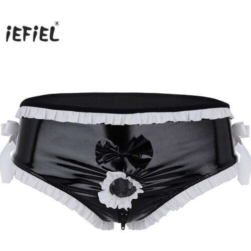Mens Lingerie Shiny Faux Leather Sissy Briefs Open Crotch Panties Penis Ring Ruffled Trim Zipper Crotch Erotic Briefs Underwear