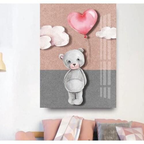 Wall Art Canvas Painting Cartoon Bear Ballon Pink Nordic Posters And Prints Wall Pictures For Kids Children Room Nursery Decor