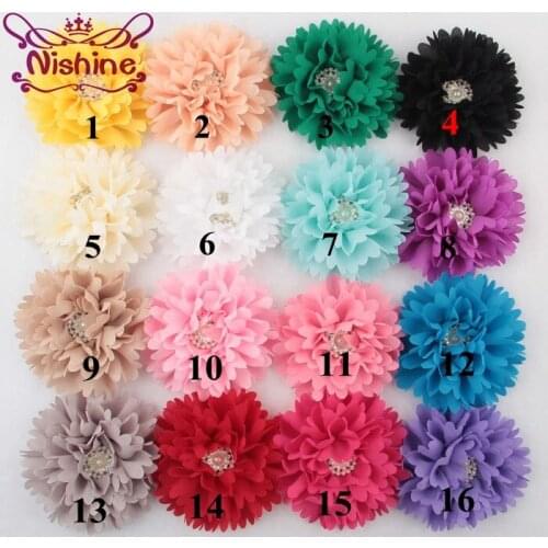 Nishine 20pcs/lot 3.6" Peony Fabric Rose Flower With Pearl Rhinestone Center For DIY Headband Hair Clip Children Headwear