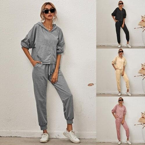 Cross Border Autumn and Winter New Popular European and American Womens Solid Long Sleeve Hooded Cardigan Casual Two-piece Set