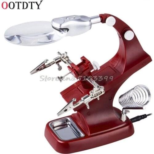 OOTDTY Helping Hand Clip LED Magnifying Soldering Iron Jewelry Stand Lens Magnifier Red Drop Ship