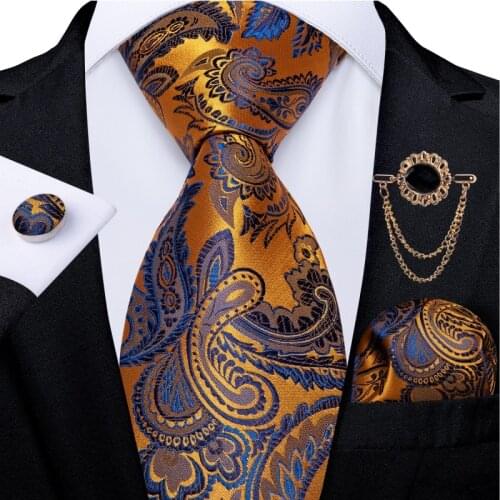 Orange Blue Brown 8cm Paisley Ties For Men Silk Tie With Brooch Chain Wedding Party Mens Neck Tie Set Hanky Cufflinks DiBanGu