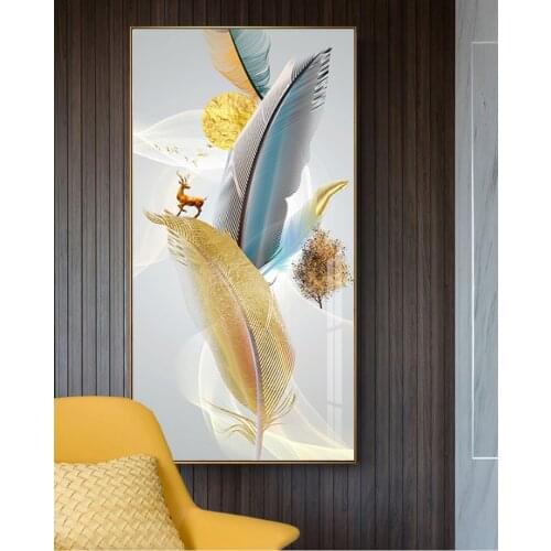 Poster Abstract Feather Golden Yellow Deer Canvas Painting Decoration and Nordic Prints Tree Wall Art for Living Room Home Decor