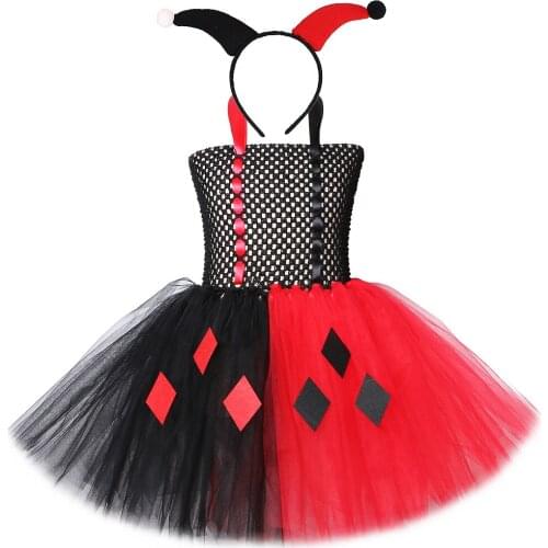 Red Black Joker Tutu Girl Dress Cosplay Kids Halloween Holidays Costumes Carnaval for Children Fancy Dress Carnival Little Girls