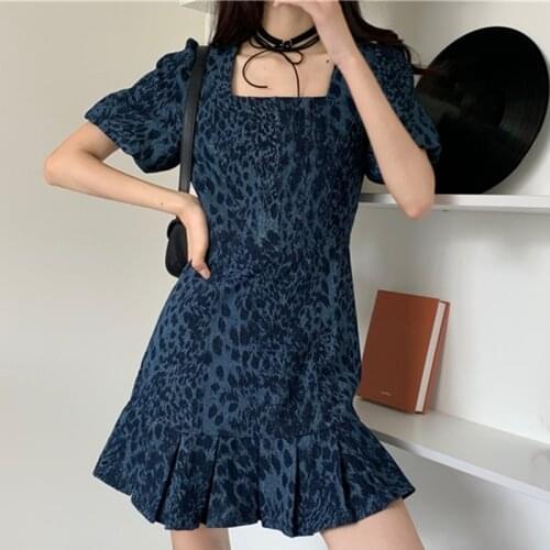 Summer Korean Women Slim Leopard Dresses Fashion Square Collar Dress Casual Puff Short Sleeve High Waist A-Line Vestidos