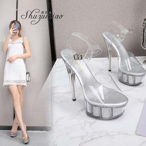 Shuzumiao Woman shoes New non-slip pole dance Mujer high heels 15cm sexy heel transparent female platform Sequined wedding shoes