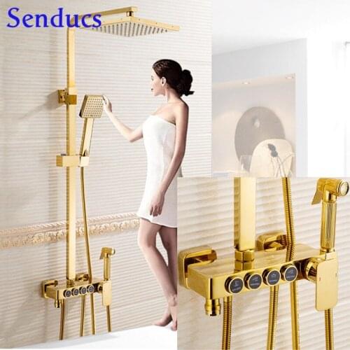 Gold Digital Bathroom Shower Set of valve thermostatic mixer 4 outlet Copper Gold Bath faucetThermostatic Bath Shower System