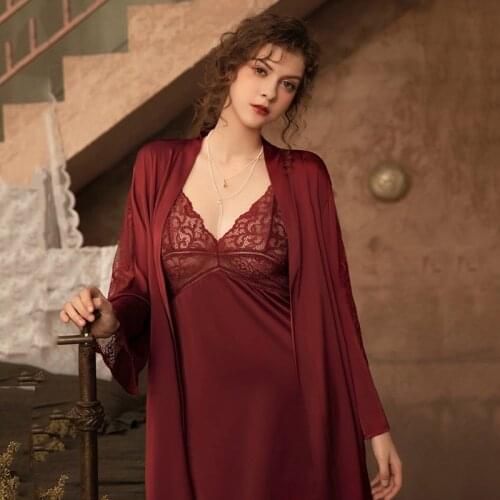 Sexy Burgundy Perspective Lace Nightgown Women 2PCS Sleep Set Silky Satin Sleepwear Intimate Lingerie With Pads Home Clothes