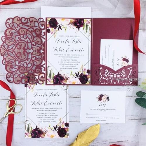 The Modern Touch-Burgundy Laser Cut Pocket Fold With Floral And Geometric Invitation