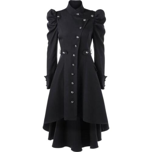 2018 XXXL Trench Coat Stand Collar Slim Fashion Long Medieval Trench Woolen Coat Women Winter Black Stand Collar Gothic