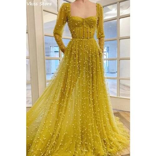 Light Yellow Evening Dress A-line Sweep Train Beading Tulle Cap Long Sleeves Illusion Scoop Neck Prom Dress платья знаменитостей