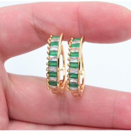 Gold Color Women Fashion White Green CZ Huggie Hoop Earrings Jewelry