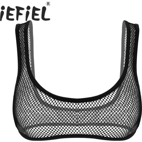 Womens Bra Top Lingerie See Through Fishnet Hollow Out Wide Shoulder Straps Deep U-neckline Vest Tank Crop Top Mesh Bralette