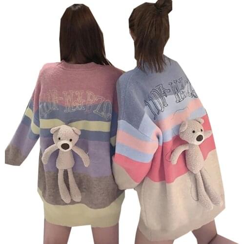 Autumn 2021 Sweet Colorful Striped Bear Medium Long Knitted Oversize Pullover For Women Korean Fashion Sweater Long Sleeved Top