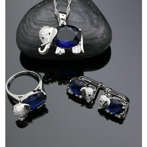 Elephant Animal Shape 925 Silver Jewelry Sets For Women Blue Cubic Zirconia Stud Earrings Ring Pendant Necklace