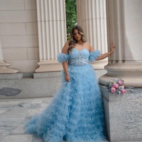 Pretty Sky Blue A-Line Sweetheart Strapless Tiered Ruffles Long Tulle Dresses Plus Size Lace Back Tulle Prom Gowns Women