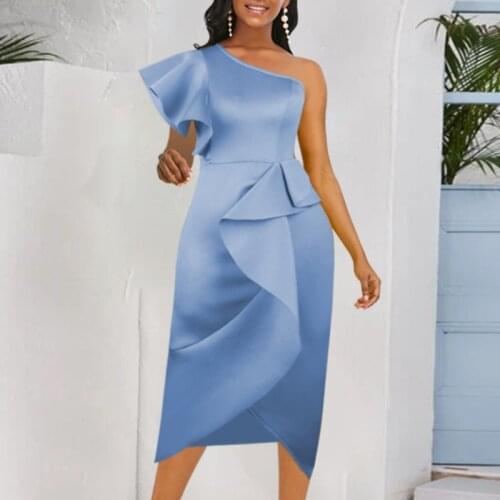 Women Elegant One Shoulder Dress Slim Ruffles Patchwork Sleeveless Solid Bodycon Slit Evening Party New Female Gowns Vestidos