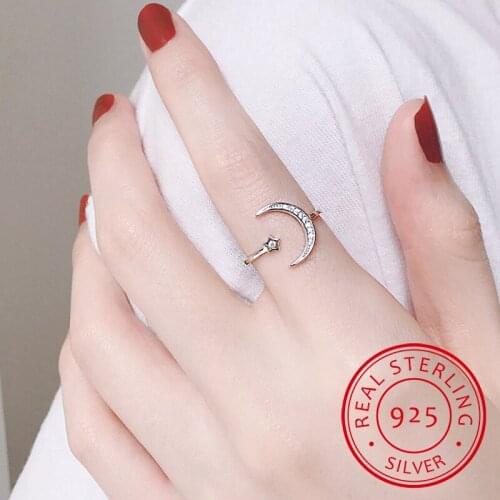 LEKANI Simple Zirconia Moon Star 925 Sterling Silver Rings anel Bague anillos For Women Girl Adjustable Size S-R467
