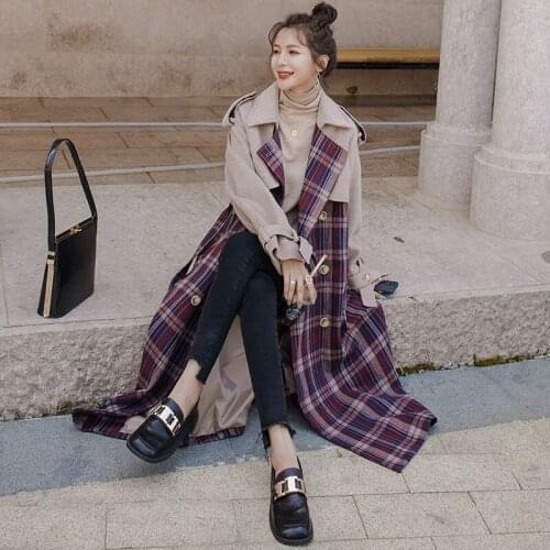 Korean Lapel Oatmeal Stitching Plaid Womens Woolen Coat 2021 Winter New Long Loose Double-Breasted Belted Thick Jacket Female