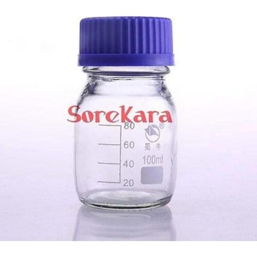 100ml Graduated Round Glass Reagent Bottle Blue Screw Cap Screw On Cover Graduation Sample Vials Plastic Lid