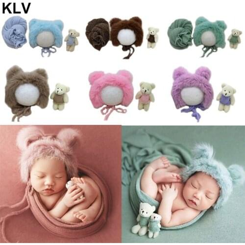 2-3 Pcs Newborn Photography Props Baby Cute Rabbit Fur Knit Hat Costume Bear Handmade Toy Set Accessories