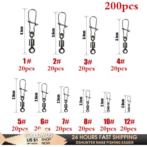 200PCS 1#-12# Pike Fishing Accessories Connector Pin Bearing Rolling Swivel Stainless Steel Snap Fishhook Lure Swivels Tackle