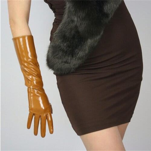 40cm Patent Leather Gloves Long Section PU Emulation Leather Warm Bright Leather Bright Camel Caramel Coffee Dark Brown WPU47-40